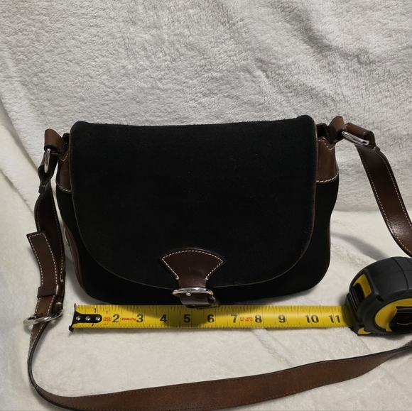 Vintage Dooney & Bourke Suede Leather Flap Crossbody Bag Black Brown Equestrian - Picture 10 of 12
